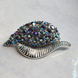 Vintage Brooch Unsigned Silver Tone w/ AB Blue Crystals Freeform Cone Shell
